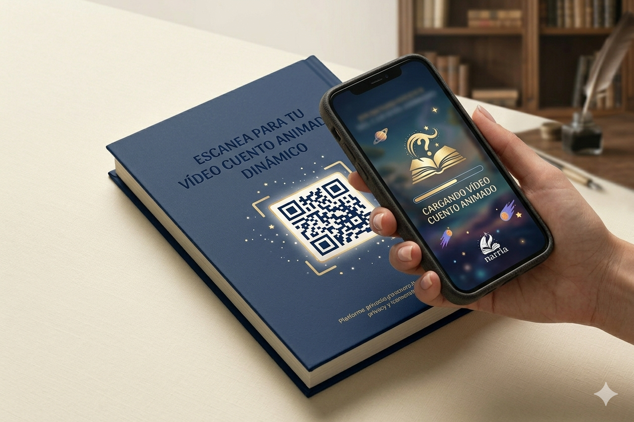 Libro Narria con código QR y móvil mostrando la experiencia digital