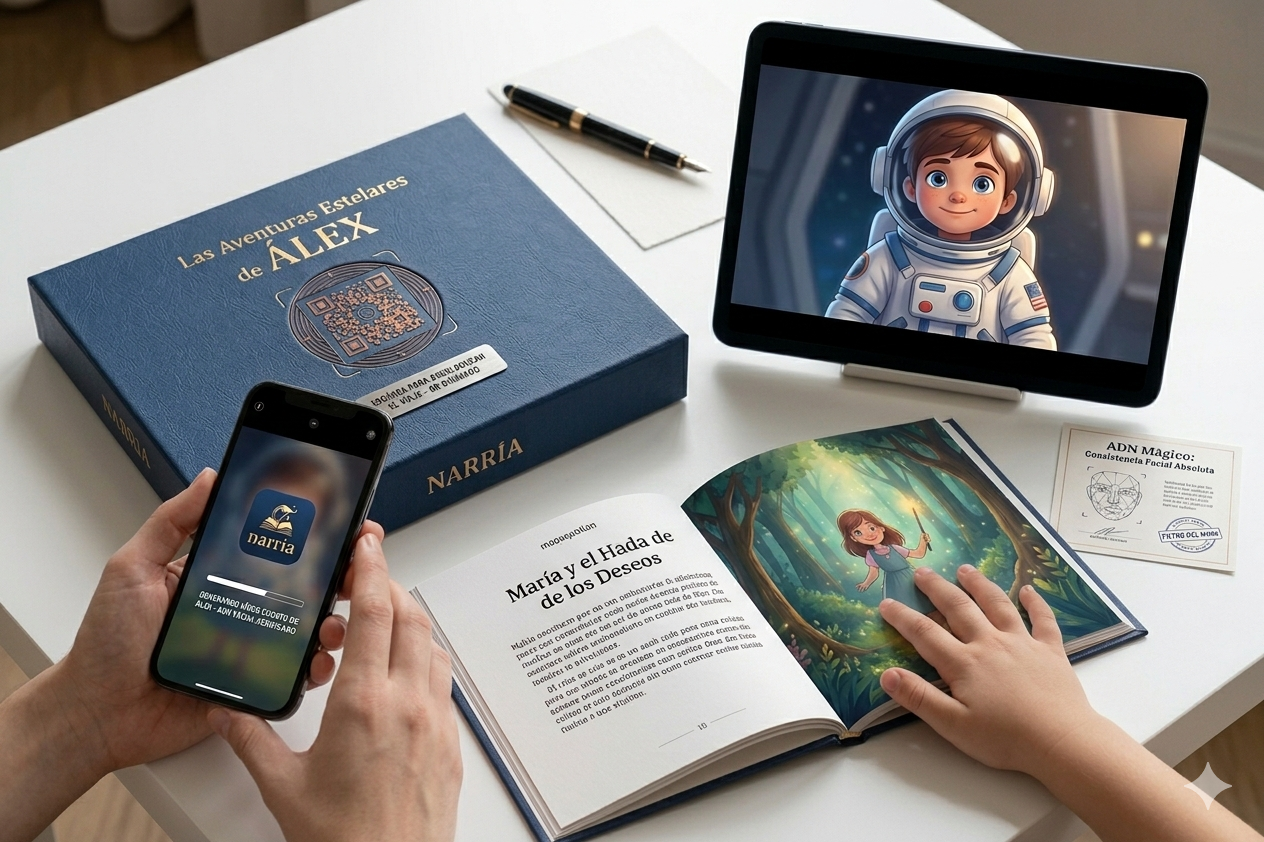 Pack Narria con libro abierto, móvil y vídeo cuento en una tablet