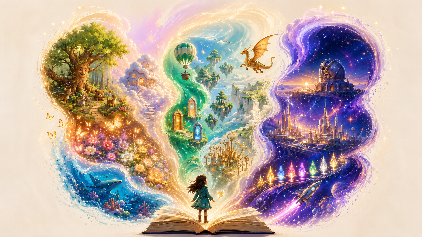Un libro abierto del que nacen los mundos Wonder, Adventure y Legend